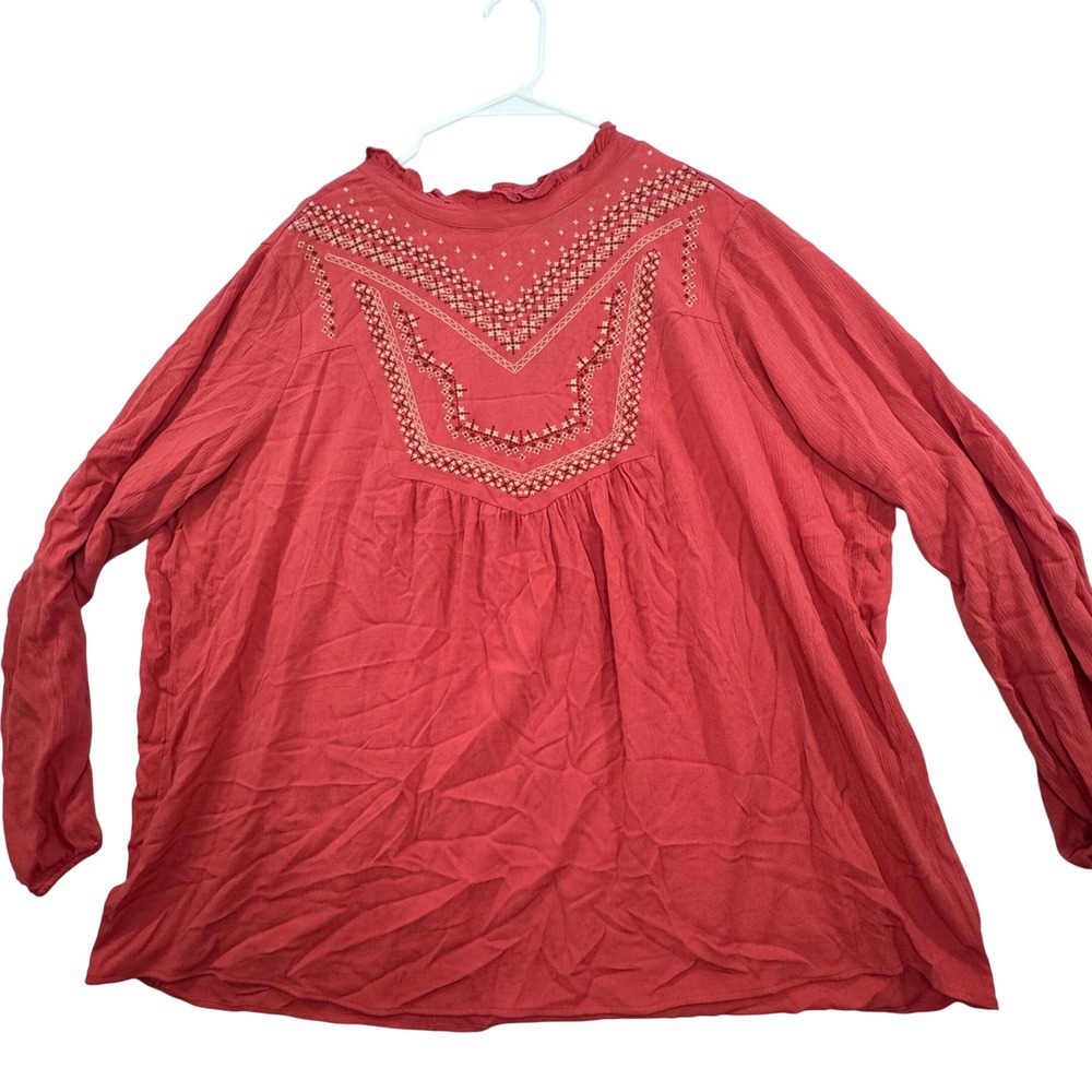 NEW Torrid 2 Crinkle Gauze Relaxed Embroidered Blouse Womens 2X Boho Red Western